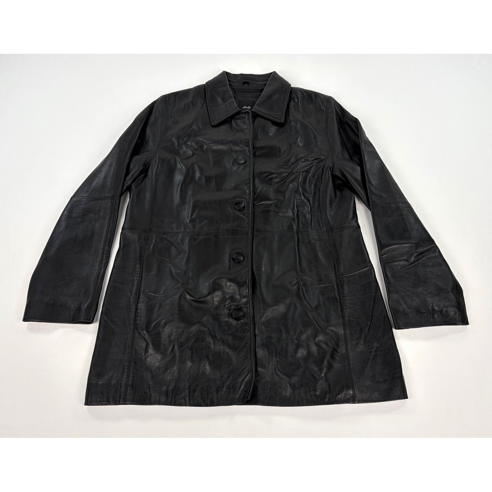 Vintage JLC New York Leather Jacket Women's L Black Real Leather Coat Button Up